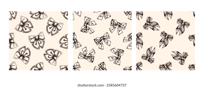 Seamless hand drawn vintage bow patterns in brown on beige background

