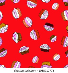 Seamless of hand drawn vintage cute cupcakes and muffins. Cupcake pattern. Nice birthday pattern on red, white and black. Vector illustration.