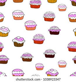 Seamless of hand drawn vintage cute cupcakes and muffins. Cupcake pattern. Nice birthday pattern on white, black and pink. Vector illustration.