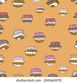 Seamless of hand drawn vintage cute cupcakes and muffins. Cupcake pattern. Nice birthday pattern on beige, white and brown. Vector illustration.