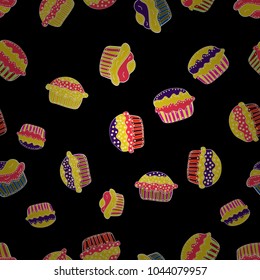 Seamless of hand drawn vintage cute cupcakes and muffins. Cupcake pattern. Nice birthday pattern on black, yellow and pink. Vector illustration.
