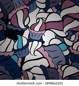 Seamless of hand drawn vintage cute cupcakes and muffins. Cupcake pattern. Nice birthday pattern on blue, black and white. Vector illustration.
