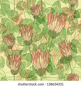 Seamless hand drawn vintage elegant background with clover flowers and leaves. Eps10