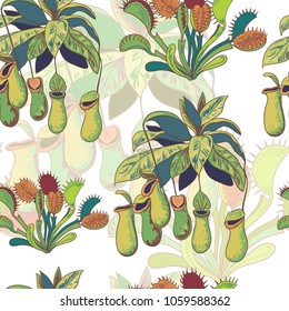 Seamless hand drawn vintage pattern with carnivorous plants, nepenthes and Venus flytrap