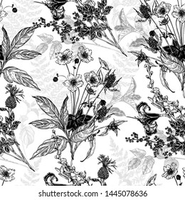 Seamless hand drawn vintage pattern with detailed flowers and herbs. Black and white graphic decoration for paper, textile, wrapping decoration, scrap-booking, t-shirt, cards.