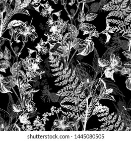 Seamless hand drawn vintage pattern with detailed flowers and herbs. Black and white graphic decoration for paper, textile, wrapping decoration, scrap-booking, t-shirt, cards.