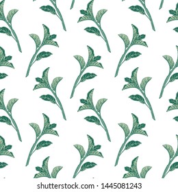 Seamless hand drawn vintage pattern with green detailed branches. Colored graphic decoration for paper, textile, wrapping decoration, scrap-booking, t-shirt, cards.