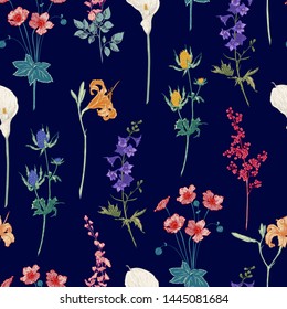 Seamless hand drawn vintage pattern with detailed flowers and herbs on dark background. Colored graphic decoration for paper, textile, wrapping decoration, scrap-booking, t-shirt, cards.
