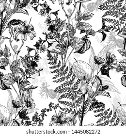 Seamless hand drawn vintage pattern with detailed flowers and herbs. Black and white graphic decoration for paper, textile, wrapping decoration, scrap-booking, t-shirt, cards.