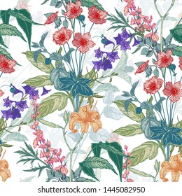 Seamless hand drawn vintage pattern with detailed flowers and herbs. Colored graphic decoration for paper, textile, wrapping decoration, scrap-booking, t-shirt, cards.