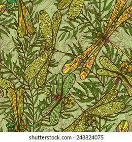 Seamless hand drawn vintage pattern with dragonflies and rosemary herb