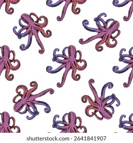 Seamless hand drawn vintage pattern with octopus in purple and pink colors. Engraving sketch style, marine wildlife theme. Perfect for nautical designs and summer textiles.