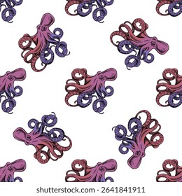 Seamless hand drawn vintage pattern with octopus in purple and pink colors. Engraving sketch style, marine wildlife theme. Perfect for nautical designs and summer textiles.