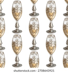Patrón vintage dibujado a mano sin fisuras con vasos de champán de cristal grabados en tonos pastel. Ideal para Navidades, año Nuevo, decoración de bodas, embalaje de barra, textil, papel de regalo y marca festiva.