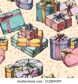 Seamless hand drawn vintage pattern. Gift boxes colorful vintage sketch. Decorative backdrop for fabric, textile, wrapping paper, card, invitation, wallpaper, web design