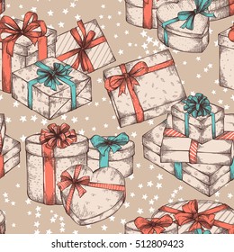 Seamless hand drawn vintage pattern. Gift boxes colorful vintage sketch. Decorative backdrop for fabric, textile, wrapping paper, card, invitation, wallpaper, web design