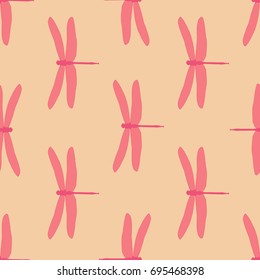Seamless hand drawn vintage pattern with dragonflies. Background with pink dragonflies in light orange background. Vector illustration for textile, wallpaper and wrapping paper design.