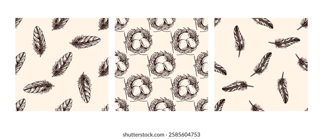 Seamless hand drawn vintage patterns with feathers and bird nests in brown on beige background

