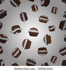 Seamless of hand drawn vintage style cupcakes and muffins. Cupcakes flavors doodle illustration on white, brown and black. Pastry. Vector illustration.
