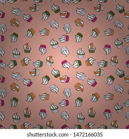 Seamless of hand drawn vintage style cupcakes and muffins. Vector illustration. Pastry. Cupcakes flavors doodle illustration on beige, white and gray.