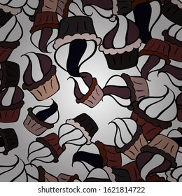 Seamless of hand drawn vintage style cupcakes and muffins. Pastry. Cupcakes flavors doodle illustration on white, brown and black. Vector illustration.