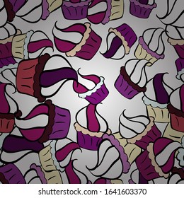 Seamless of hand drawn vintage style cupcakes and muffins. Cupcakes flavors doodle illustration on purple, white and black. Pastry. Vector illustration.
