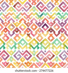 Seamless Hand Drawn Watercolor Ethnic Tribal Ornamental Pattern. Fabric, Scrapbook, Wrapping Paper Design Template.