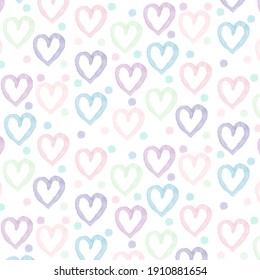 Seamless hand drawn watercolor pattern with hearts and dots.