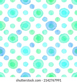 Patrón de acuarela sin costura dibujado a mano con puntos redondos de color verde y azul sobre blanco. Color del fondo pintado de la acuarela del punto Polka.