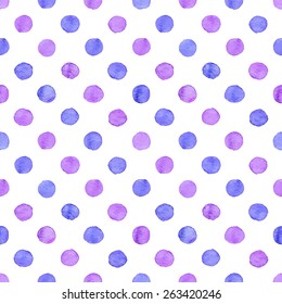 Seamless hand drawn watercolor pattern made of round blue and purple dots, isolated over white.