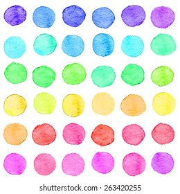 Seamless hand drawn watercolor pattern made of round rainbow dots, isolated over white.