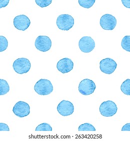 Seamless hand drawn watercolor pattern made of round blue dots, isolated over white.