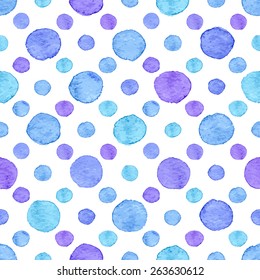 Seamless hand drawn watercolor pattern made of round blue dots, isolated over white.