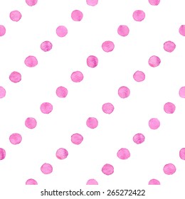 Seamless hand drawn watercolor pattern made of round pink dots, isolated over white.