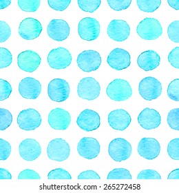 Seamless hand drawn watercolor pattern made of round aqua blue dots, isolated over white.