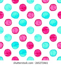 Seamless hand drawn watercolor pattern made of round aqua blue and pink dots, isolated over white.