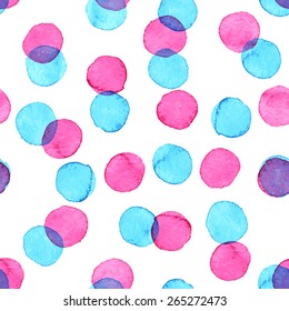 Seamless hand drawn watercolor pattern made of round blue and pink dots, isolated over white.