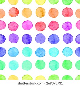 Seamless hand drawn watercolor pattern made of round rainbow dots, isolated over white.