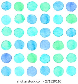 Seamless hand drawn watercolor pattern made of round aqua blue dots, isolated over white.
