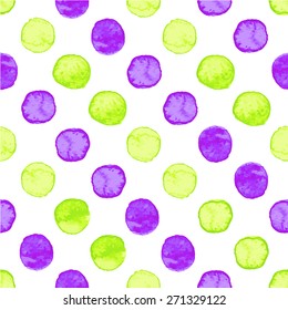 Seamless hand drawn watercolor pattern made of round purple and yellowish green dots, isolated over white.
