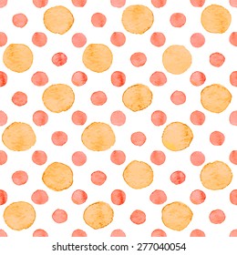 Seamless hand drawn watercolor pattern made of round red and orange dots, isolated over white.