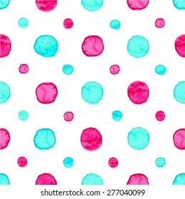 Seamless hand drawn watercolor pattern made of round aqua blue and pink dots, isolated over white.