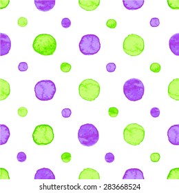 Seamless hand drawn watercolor pattern made of round purple and yellowish green dots, isolated over white.