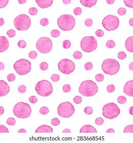 Seamless hand drawn watercolor pattern made of round pink dots, isolated over white.