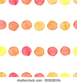Seamless hand drawn watercolor pattern made of round red and orange dots, isolated over white.