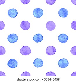 Seamless hand drawn watercolor pattern made of round blue dots, isolated over white.
