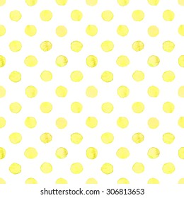 Seamless hand drawn watercolor pattern made of round yellow dots, isolated over white.