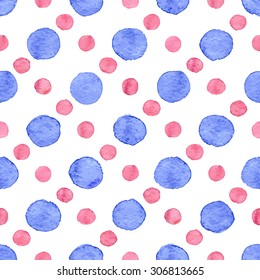 Seamless hand drawn watercolor pattern made of round red and blue dots, isolated over white.