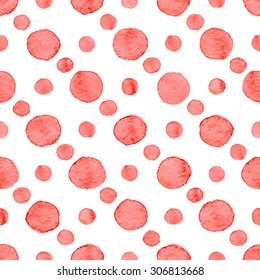 Seamless hand drawn watercolor pattern made of round orange dots, isolated over white.