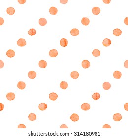 Seamless hand drawn watercolor pattern made of round orange dots, isolated over white.
